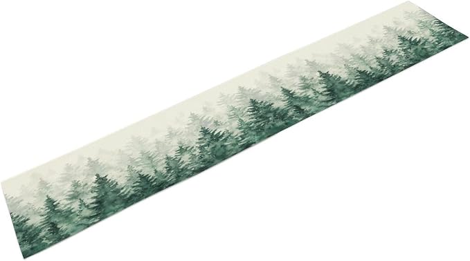 Forest Table Runner, Vintage Rustic Natural Green Watercolour Misty Pine Tree Grove Table Decor Table Top Dining Kitchen Wedding Party 13x70 in