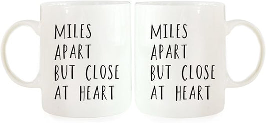 Andaz Press Funny Couples 11 oz Ceramic Coffee Mugs, Miles Apart But Close at Heart, His and Hers Mugs Set of 2, Valentines Day Coffee Mug for Him and Her, Mr and Mrs Mugs, Couple Mugs for Husband