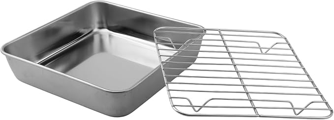 for premium Stainless Steel Baking Pan Set with Cooling Rack, for versatile Oven Tray for Roasting Meat Veggies, Silvery Dishwasher Safe Kitchenware(20CM)