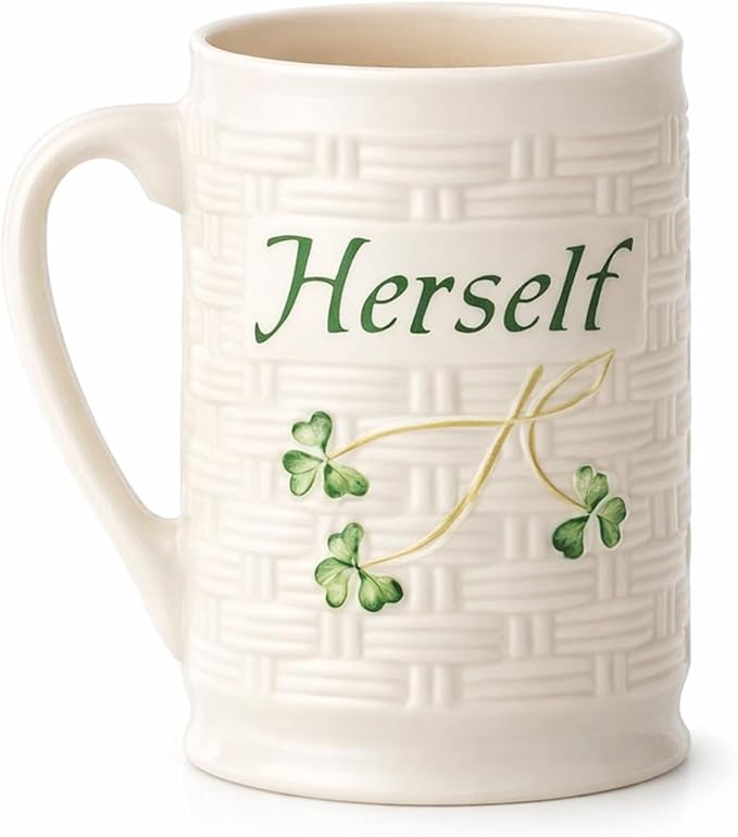 Belleek Classic Herself 12 oz Irish Coffee Mug, Handcrafted Microwave Safe Parian China Cup, Shamrock Decor, White