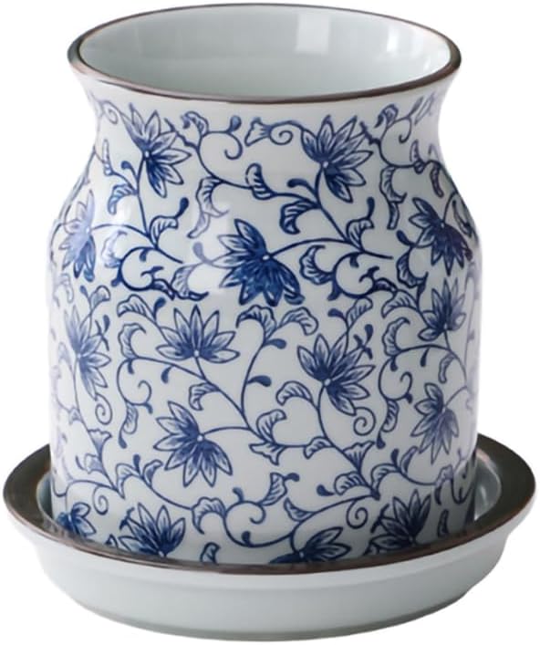 WAIT FLY Blue and White Porcelain Kitchen Utensil Holder with Bottom Flatware Storage Organizer Utensil Crock for Countertop Kitchen Counter Decor-4.8 Inch