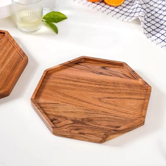 Wooden Serving Tray for Kitchen and Home Decor | Acacia Wood Octagonal Serving Platter for Tea, Coffee, Snacks and Cake | Decorative Trays Resturnant and Cafe (Food Safe Oil Finish) (8 Inch)