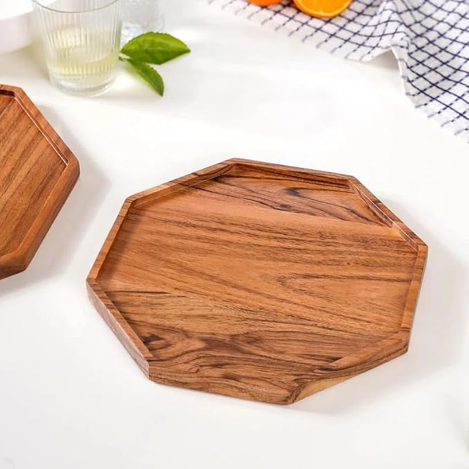Wooden Serving Tray for Kitchen and Home Decor | Acacia Wood Octagonal Serving Platter for Tea, Coffee, Snacks and Cake | Decorative Trays Resturnant and Cafe (Food Safe Oil Finish) (10 Inch)
