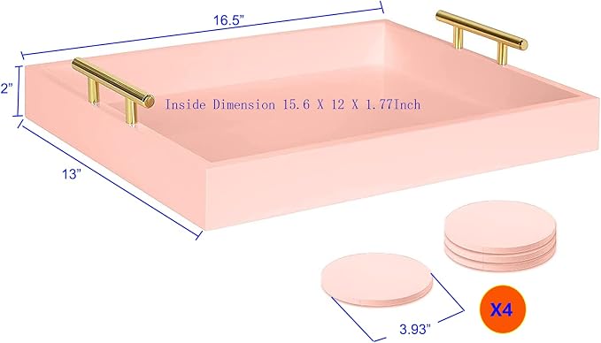 Serving Tray 16.5“X 13“ Deluxe Wooden Ottoman Tray, Food Tray for Eating, Dinner Trays for Eating on Couch Coffee Table with Polished Gold Metal Handles-4 Round Coasters Included（Pink）