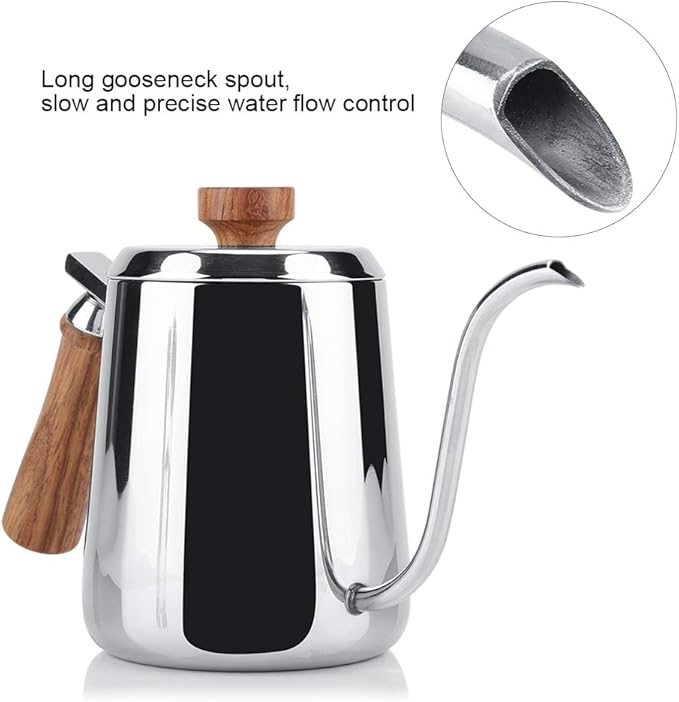 Joyzan Gooseneck Kettle, Stovetop Tea Maker Wood Anti Hot Handle Pour Over Stainless Steel Water Pot Coffee Teapot Drip Long Spout Home Kitchen Gas Stove Tops French Press Brewing Camping 600ml
