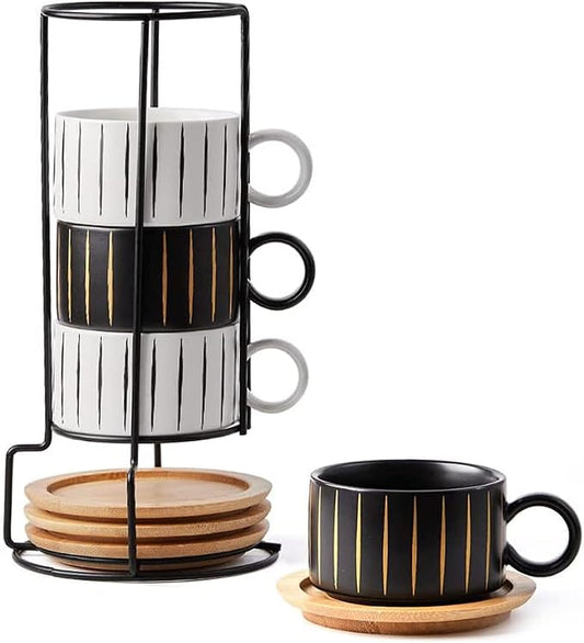 LUKA Porcelain Espresso Cup with Saucer and Metal Stand, 6 Ounce Stackable Ceramic Demitasse Espresso Mugs Cappuccino Cups Set for Latte,Coffee,Cafe Mocha,Tea(Set of 4)