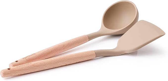 SENSARTE Kitchen Utensils 2-Piece, Silicone Cooking Utensils, Silicone Spatula and Ladle with Wooden Handle, Taupe
