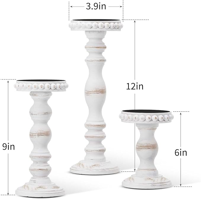 Mumufy 3 Pcs Candle Holders for Pillar Candles Rustic Farmhouse Home Decor Decorative Washed Beaded White Black Wood Candle Holder Country Style for Table Mantel Fireplace Wedding(White,Large)