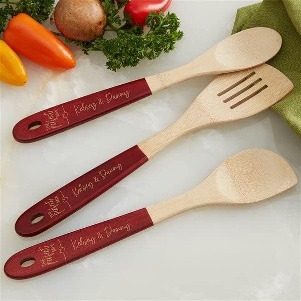 Personalization Universe The Perfect Mix Personalized Red-Handled Bamboo Cooking Utensils- 3pc Set