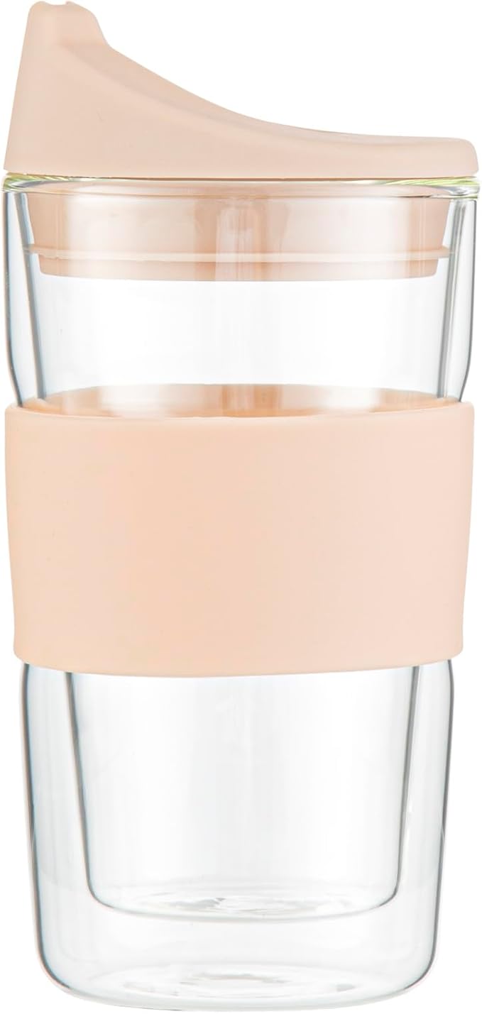 Restaurantware Glass Travel Mug 1 Count 12 Ounce Double Wall Borosilicate Reusable Coffee Cup, Spill-Resistant Tan Silicone Lid, Clear Drinkware Mug for Hot and Cold Beverages