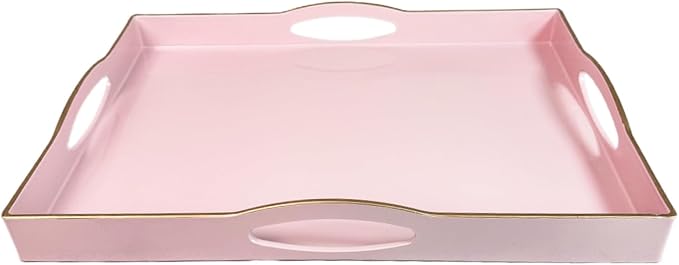 Pink Serving Tray with 4 Handles, Plastic Decorative Tray for Coffee Table, Ottoman - Ideal for Living Room & Bathroom. 15” x 11” x 1.9”