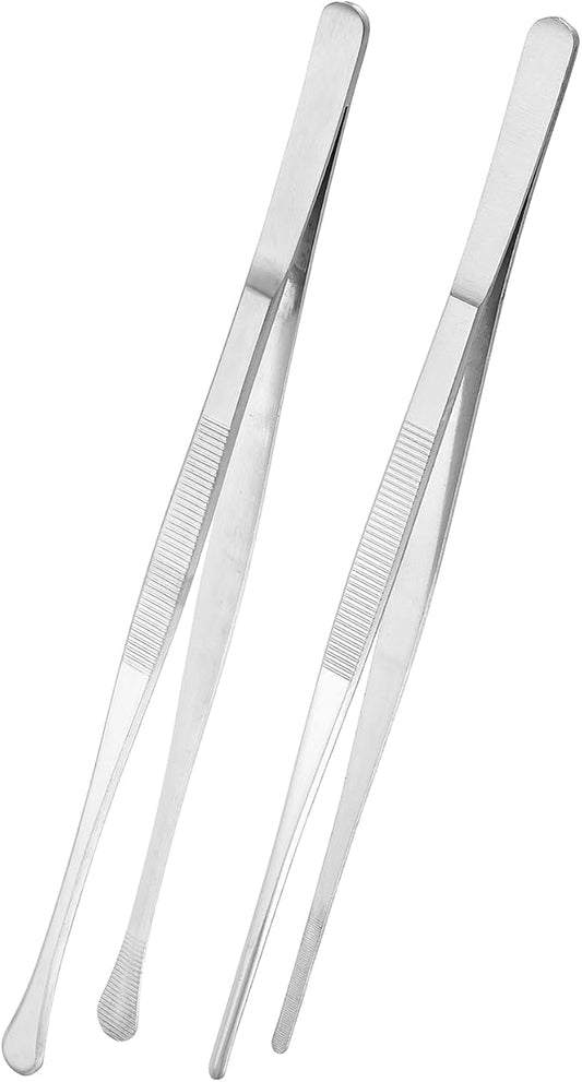 HARFINGTON 2pcs 12 Inch Fine Tweezer Tongs Extra-Long Stainless Steel Non-Slip Kitchen Cooking Tweezers Tongs with Round Tip for Repairing Roasting Barbecue Baking