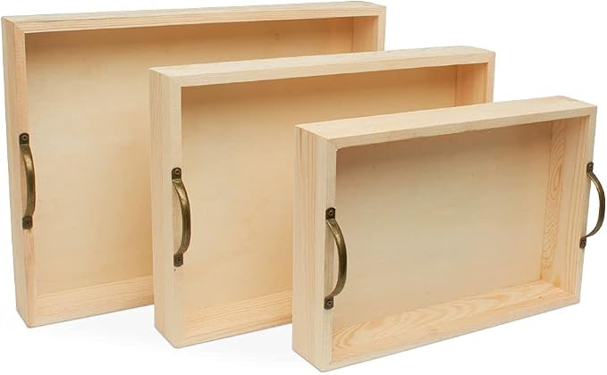 Unfinished Wood Nesting Serving Trays with Handles, 2 Sets of 3, Play Tray for Crafting, Resin, Organizing, & DIY Décor, by Woodpeckers