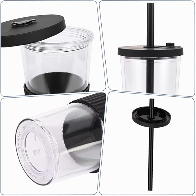 2 Pack Reusable Boba Tea Cups, 24oz Iced Coffee Cup with Straw and Lid, Leakproof Clear Plastic Cups Tumbler, Double Wall Insulated Smoothie Tumbler, Wide Straw for Bubble Tea, Black and White