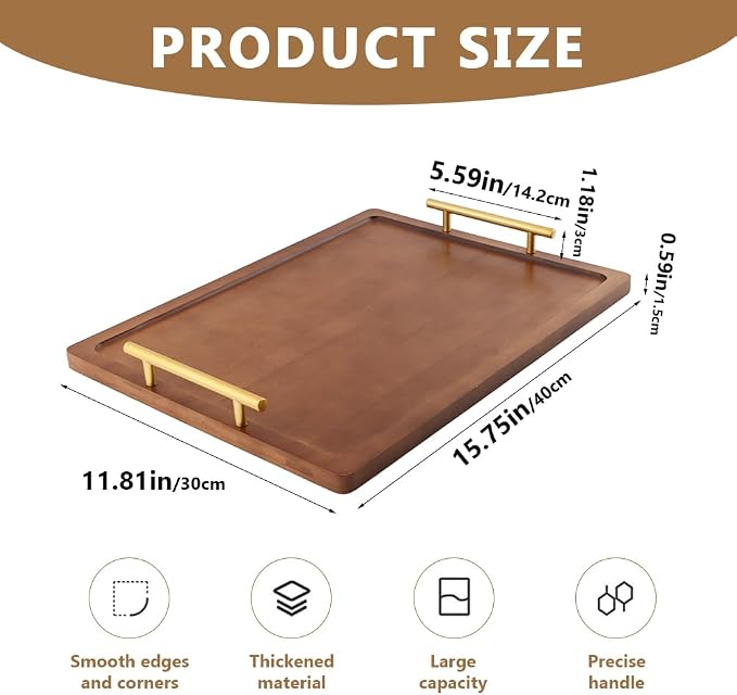 Wooden Serving Tray, 17x12In Wooden Food Drinks Tray with Metal Handles for Coffee Table, Breakfast, Dinner & Bar, Rustic Decorative Ottoman Tray for Kitchen, Parties