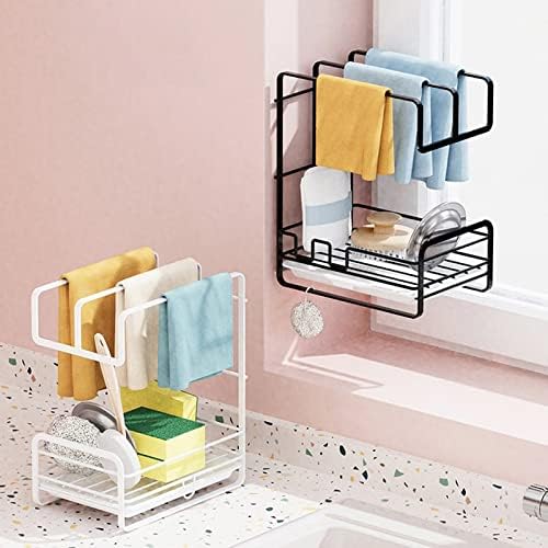 Thick Kitchen Wrought Iron Rag Rack Wall-Mounted Non-Perforated Countertop Rack Sink Sponge Drain Basket Rack Storage Rack (Color : Black) (Black)