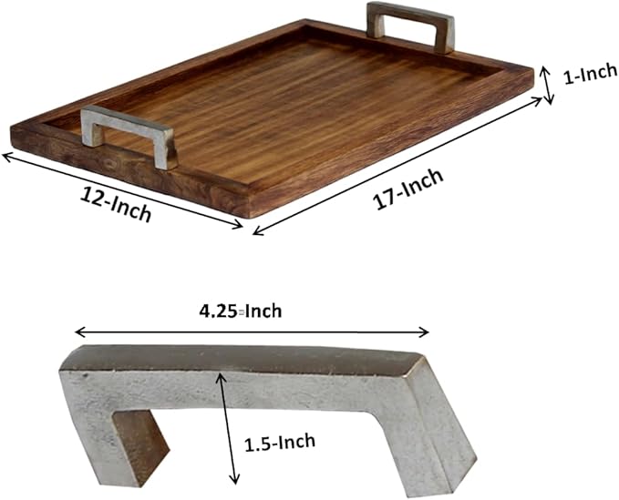 Premium Wooden Serving Tray with Aluminum Handles | Handcrafted Solid Wood Decorative Tray for Kitchen, Dining & Coffee Table | Large Rustic Breakfast Tray | Multipurpose Food & Drink Server