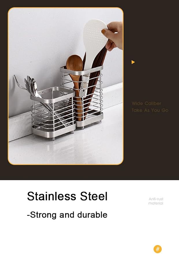 Cutlery Drainer, Stainless Steel Utensil Holder Sink Caddy, Rust Proof Sink Tidy Kitchen Sink Organiser, Cutlery Holder for Kitchen Counter (Silver)