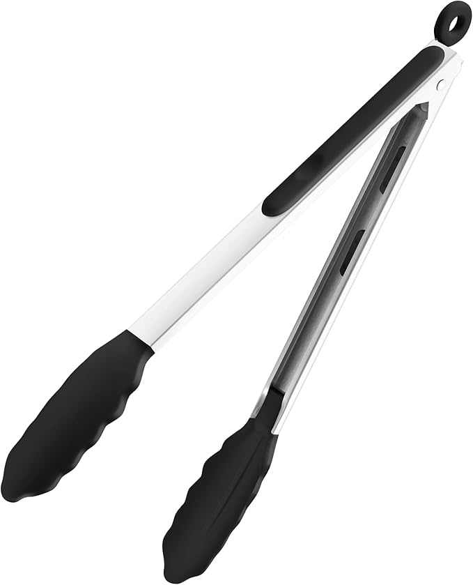 12 Inch Kitchen Tongs, Cooking Tongs with Silicone Tips and Stainless Steel Handle, Non Stick Heat Resistant Tongs for Cooking, Buffet, Salad Serving (12", Black)
