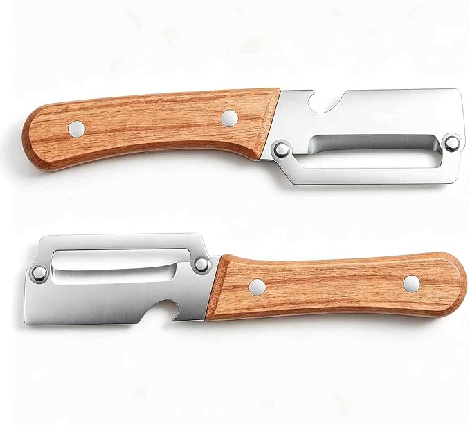 Hand Held Peeler for Vegetables & Fruits,Stainless Steel Vegetable Peeler with Non-Slip Wooden Handle,2-in-1 Kitchen Peeler & Bottle Opener for Potatoes, Apples,Carrots,for Home Kitchen & Camping (2)