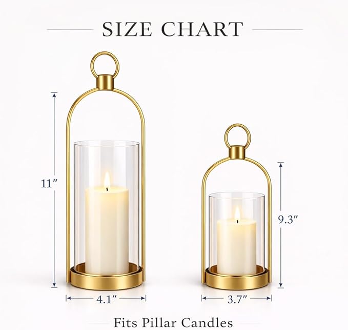 Gold Glass Candle Holder Set of 2, Modern Decorative Hurricane Candle Holders with Thick Glass Cylinder & Vintage Metal Frame for Table Centerpiece, Living Room, Shelf & Dining Table Decor