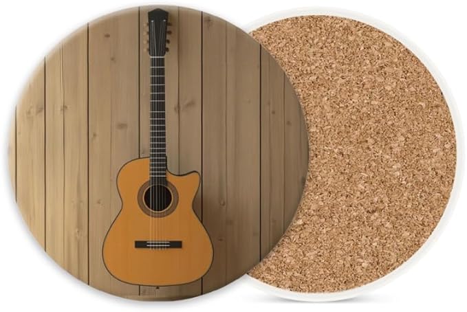 Ceramic Drink Coasters Absorbent Set of 1, Guitar Hanging on Wall Round Anti Slip Modern Cup Coasters for Desk Kitchen Office Housewarming Hostess Gifts (4 * 4 Inch)