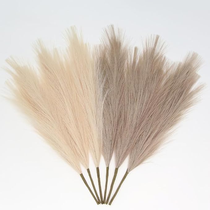 ZIFTY 42-Piece Fluffy Faux Pampas Grass Decor, 6 Hand-Bundled Packs of 7, 17" Short Artificial Pampas Grass Bulk, Boho Fake Flower Vase Filler, Home Wedding Decor, Beige & Taupe