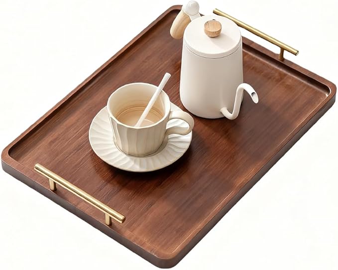 Tiiyee Bamboo Serving Tray with Handles, Bamboo Ottoman Tray Decorative Serving Platter Breakfast Bed Tray for Coffee Table Tea Snack Lunch Dinner Appetizers Patio Kitchen Living Room Bathroom