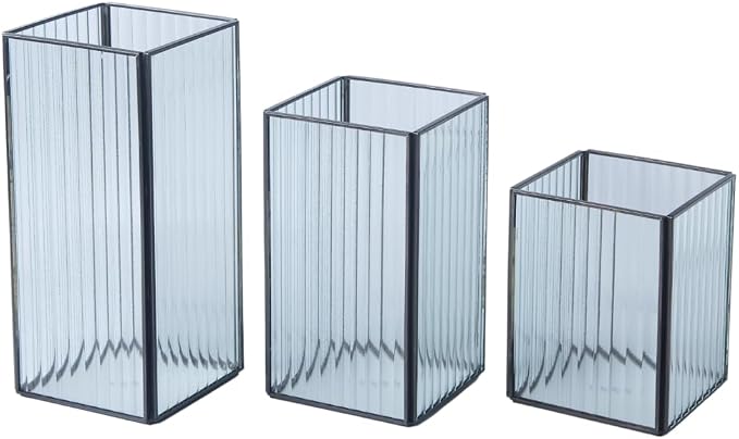 Koyal Wholesale Glass Ribbed Hurricane Candle Holders - Black Pillar Set of 3