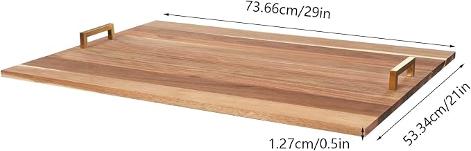 Noodle Board, 29x21in Acacia Wood Stove Top Cover, Kitchen Counter Protector w/Gold Handles, Modern Rectangular Cutting Board, Home Extra Workspace Sink Cover, Easy Clean Decorative Tray, Wood Color