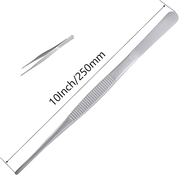 10Inch Fine-Tip Kitchen Tweezers Tongs – Extra-Long Stainless Steel Cooking Tweezers Dishwasher Safe for Grilling, Baking & Food Prep (10In Straight BBQ Tongs)