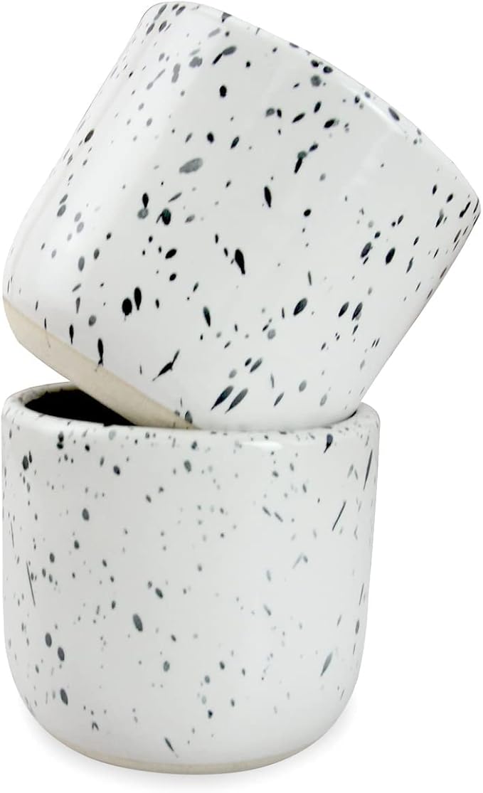 RoRo Handcrafted Ceramic Sipper Cups Set of 2-8 oz | White Glossy with Dark Speckles | Microwave & Dishwasher Safe | Compact Design for Coffee & Tea