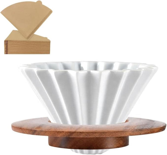 Ceramic Coffee Dripper,Pour Over Coffee Dripper with Wood Stand, Flower-shape for 1-2 Cups Slow Brewing Maker for Home Cafe,Includes Paper Filter Sheets (white)