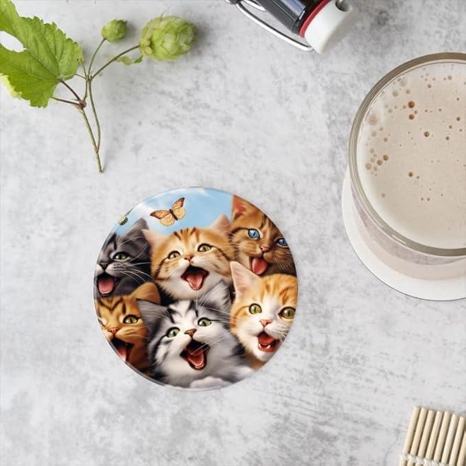 Ceramic Stone Cork Coasters for Drinks Tableware, Group of Cats with Butterfly Round Absorbent Durable Aesthetic Art Cup Mat Protects Tables and Surfaces Set of 1 (4 * 4 Inch)
