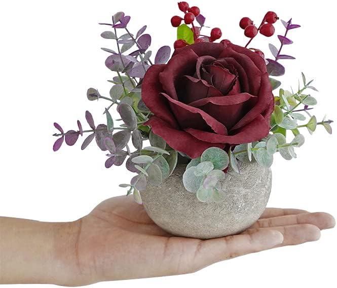 Small Artificial Burgundy Rose Potted Plant, 6" Fake Silk Flowers in 3.5" Round Pot, Mini Faux Floral Arrangement for Desk Shelf Bathroom Decor