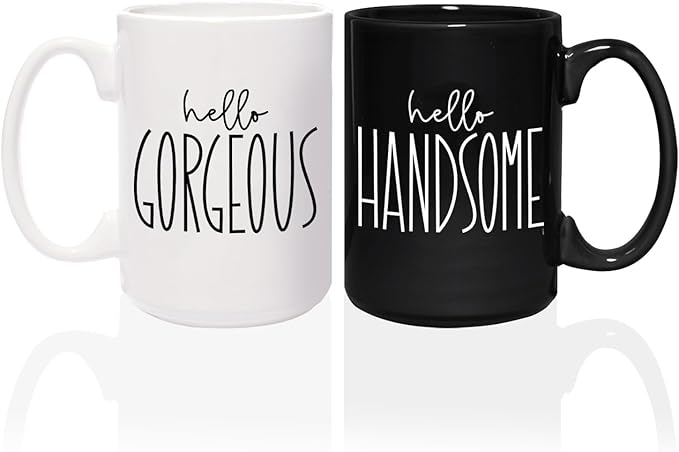 Hello Handsome Hello Gorgeous Mugs / 2 Jumbo 15 Ounce Black And White Matching Husband Wife Ceramic Mugs / Newlywed Couples Wedding Coffee Cup Present Set / Relationship Anniversary Cup Pair