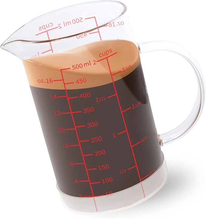 Newness Glass Measuring Cup with Handle, 500 ML (0.5 Liter, 2 Cup) Double-Sided Scale Measuring Cup with Three Scales (OZ, Cup, ML/CC) and V-Shaped Spout, Measuring Beaker for Kitchen or Restaurant