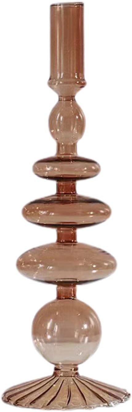 Glass Candlestick Holders Simple Creative Glass Vase Candle Holder Colorful Glass Pillar Candle Stand Candlestick Wavy Elegant Glass Candlestick for Home Centerpiece (Brown K)