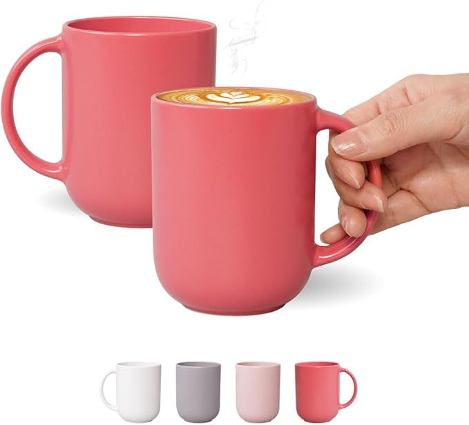 12 oz Ceramic Coffee Mugs, Set of 2 - Satin-Matte Finish, Minimal Modern Design, Comfort-Grip Handles, Microwave & Dishwasher Safe, Handmade in Korea (Rose)