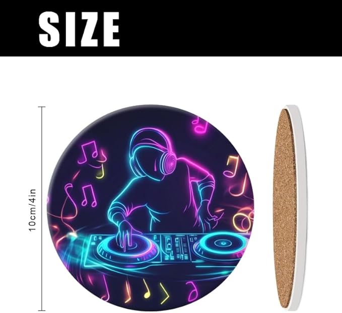 Round Ceramic Stone Cork Drink Coasters, Neon Dj Playing Music on Turntable Absorbent Removable Non-Slip Cup Mat Place for Kitchen Counter Drinks Coffee Cup Tableware Set of 1 (4 * 4 Inch)