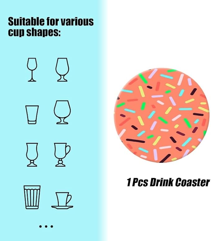 1 Pcs Coffee Cup Coasters for Drinks, Colorful Sprinkles on Pink Background Round Absorbent Non-Slip Ceramic Stone Cork Coasters for Kitchen Living Room Office Decoration Bar (4 * 4 Inch)