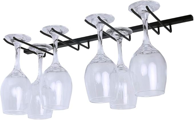 Under Cabinet Wine Glass Rack,Stemware Rack Holds up to 8 Wine Glass,Hanging Wine Glass Holder,Metal Wine Glass Hanger,Glasses Organizer for Home Bar Kitchen(Black)