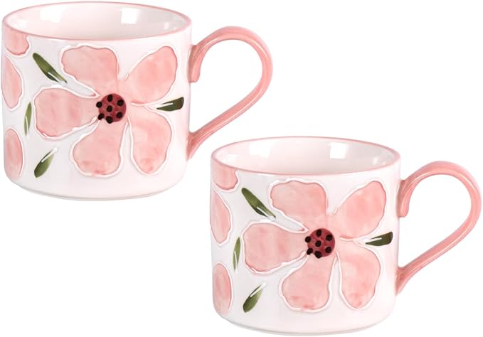 KAMMAK Pink Ceramic Coffee Mug, 13.5oz Mugs Set of 2, Novelty Cup for Tea, Juice, Milk, Cute Porcelain Water Cups with Handle for Women, Dishwasher and Microwave Safe