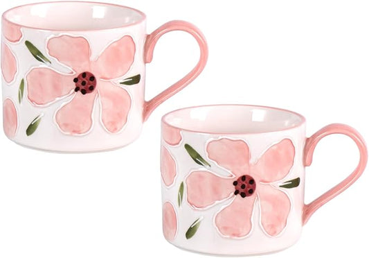 KAMMAK Pink Ceramic Coffee Mug, 13.5oz Mugs Set of 2, Novelty Cup for Tea, Juice, Milk, Cute Porcelain Water Cups with Handle for Women, Dishwasher and Microwave Safe