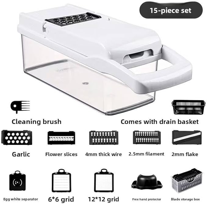 Vegetable Chopper: 10 in 1 Food Chopper - Onion Vegetable Slicer Cutter Dicer, Veggie Cutter with Container, 7 Blades, Kitchen Gadgets for Carrot Salad Garlic Potato Slicer (Black/White)