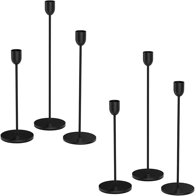 ChefBee 6PCS Black Tall Candle Candlestick Holder, Taper Pillar Candle Sticks Stand Holders Decor, Centerpiece Dining Table Wedding Festive Fireplace Mantle Vintage Room Decorations, Housewarming Gift