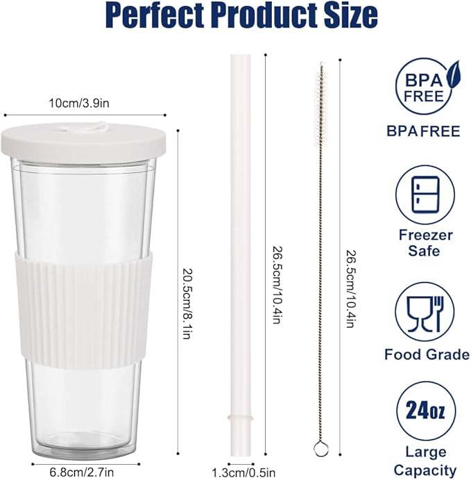 2 Pack Reusable Boba Tea Cups, 24oz Iced Coffee Cup with Straw and Lid, Leakproof Clear Plastic Cups Tumbler, Double Wall Insulated Smoothie Tumbler, Wide Straw for Bubble Tea, Black and White
