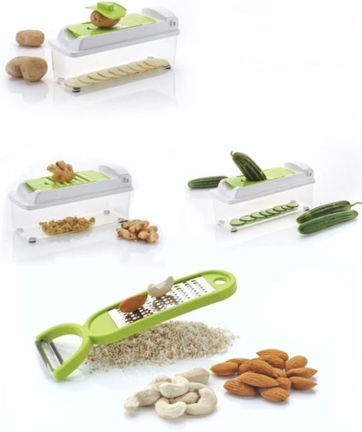 12-in-1 Vegetable Chopper and Spiralizer, 12 Premiun SS Steel Blades Heavy Duty Build with Container, Cheese Grater, Fruit Slicer, Mandoline Slicer, Onion Mincer, French Fry And Salad Cutter(Green)