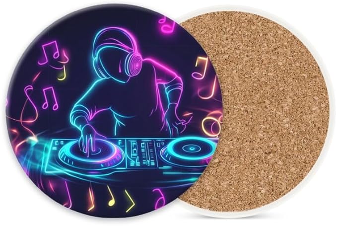 Round Ceramic Stone Cork Drink Coasters, Neon Dj Playing Music on Turntable Absorbent Removable Non-Slip Cup Mat Place for Kitchen Counter Drinks Coffee Cup Tableware Set of 1 (4 * 4 Inch)