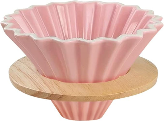 Ceramic Coffee Dripper with Wood Cup Stand Pour Over Coffee Maker Elegant Flower-shape V60 Strainer for 1-2 Cups Slow Brewing Accessories for Home Coffee Shops Restaurants Pink